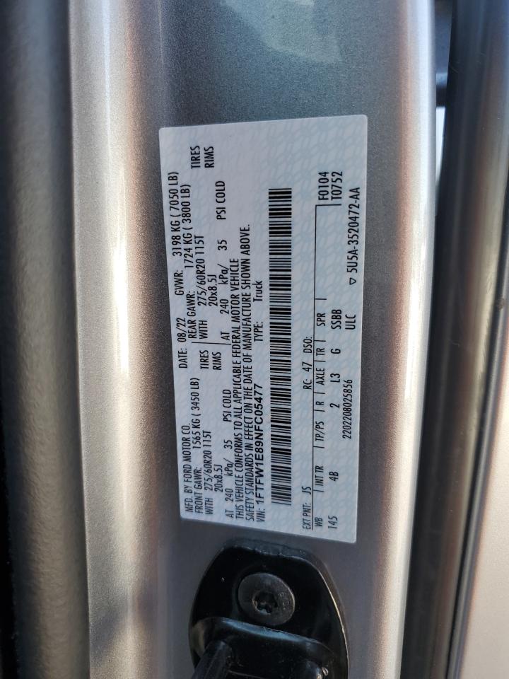 2022 Ford F150 Supercrew VIN: 1FTFW1E89NFC05477 Lot: 62544745