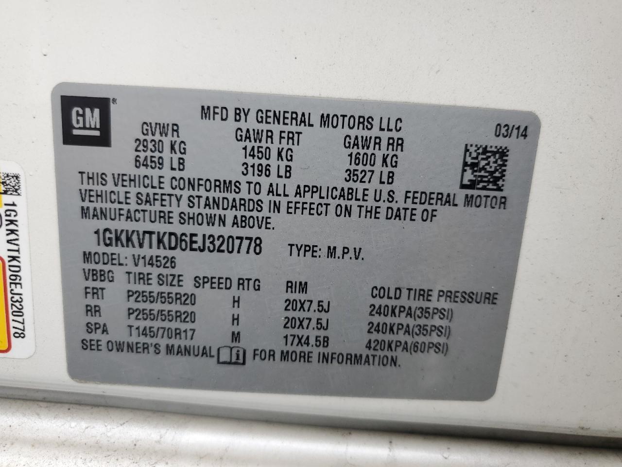 2014 GMC Acadia Denali VIN: 1GKKVTKD6EJ320778 Lot: 61473805