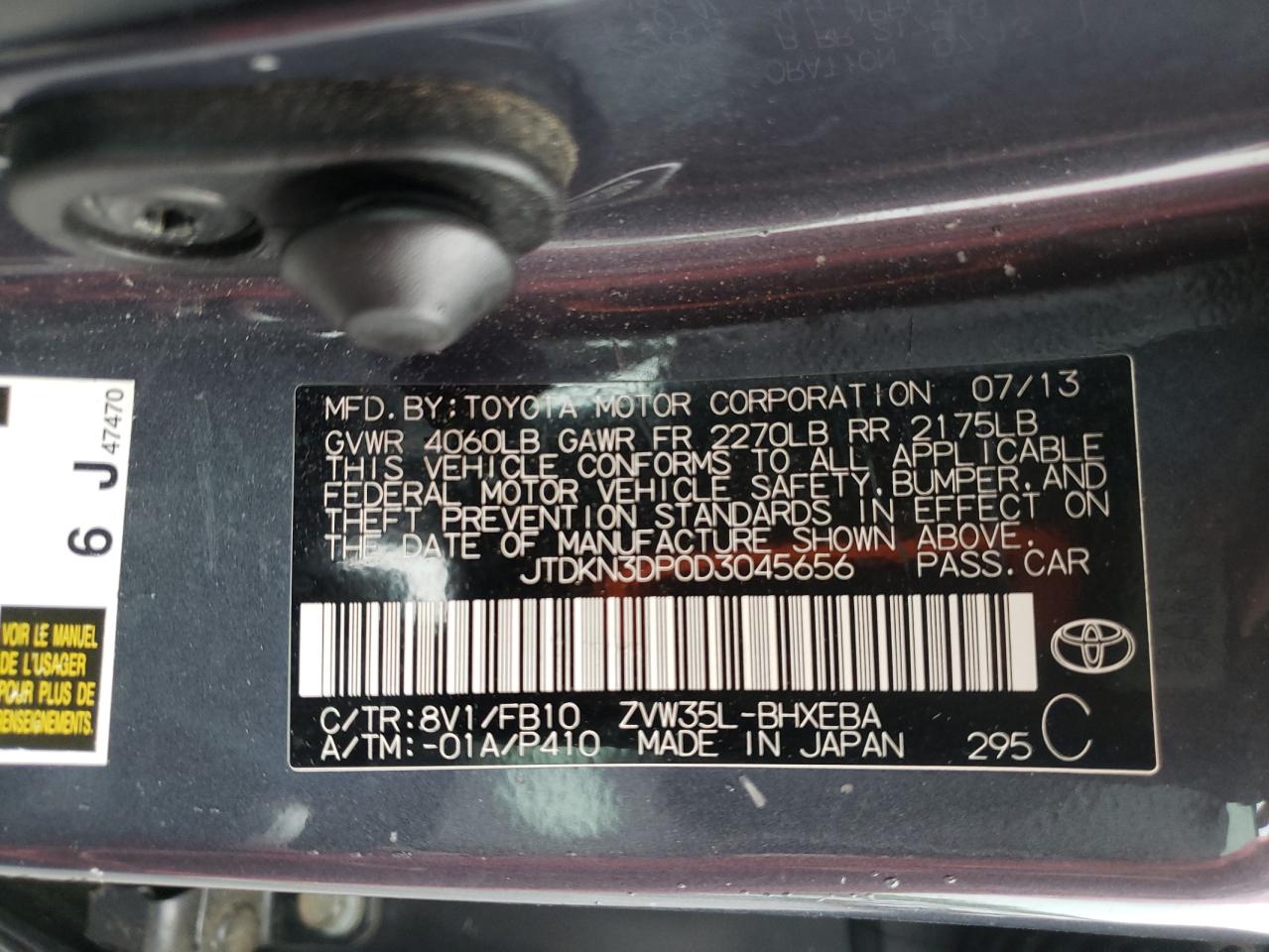 2013 Toyota Prius Plug-In VIN: JTDKN3DP0D3045656 Lot: 60538645