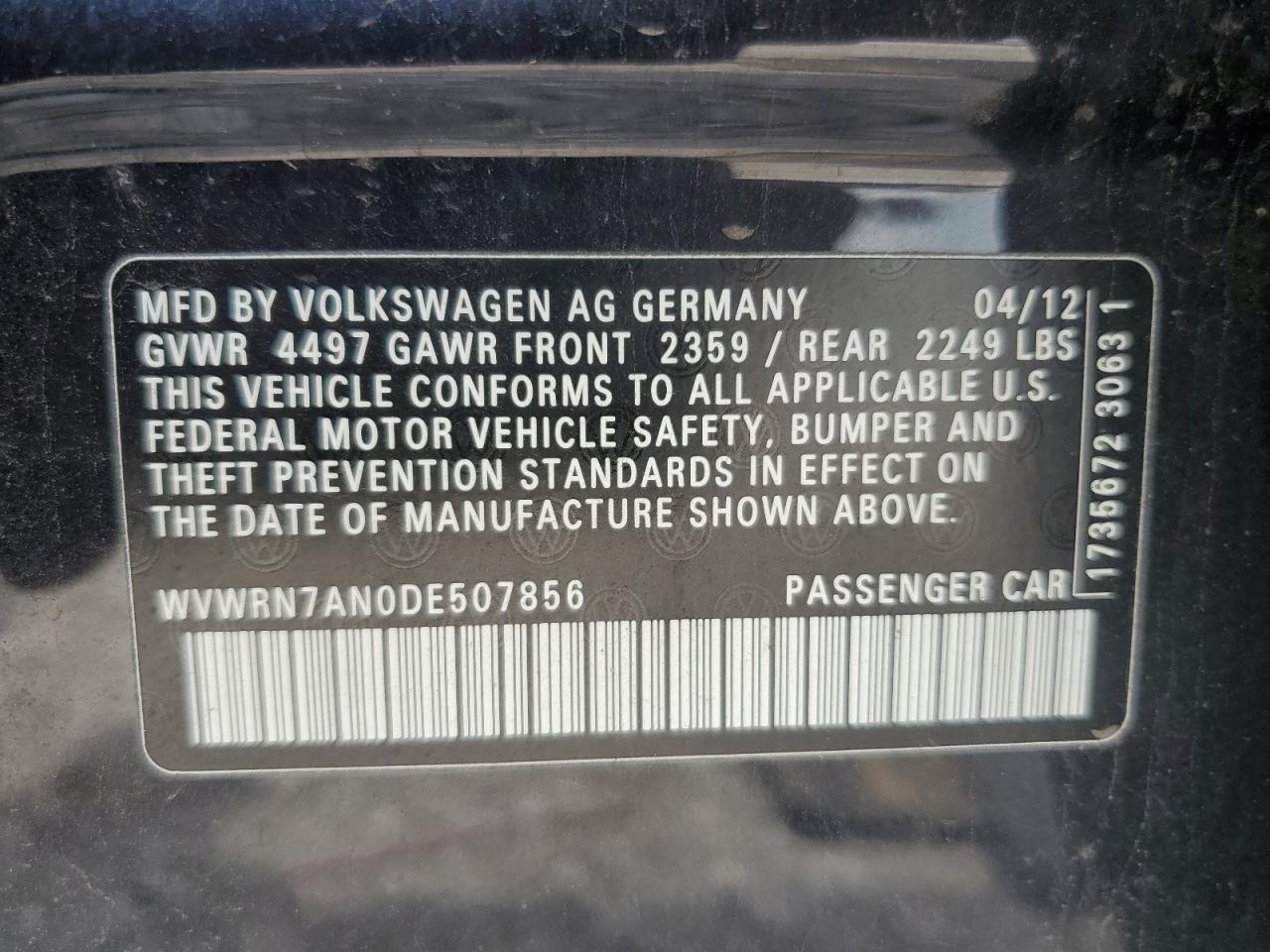 2013 Volkswagen Cc Luxury VIN: WVWRN7AN0DE507856 Lot: 60187045
