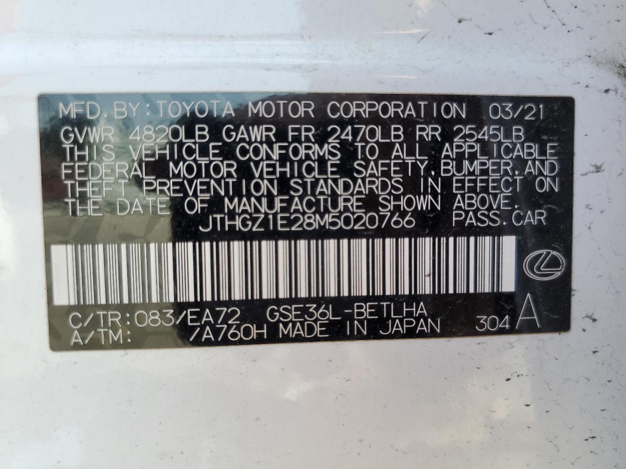 2021 Lexus Is 350 F Sport VIN: JTHGZ1E28M5020766 Lot: 60649175
