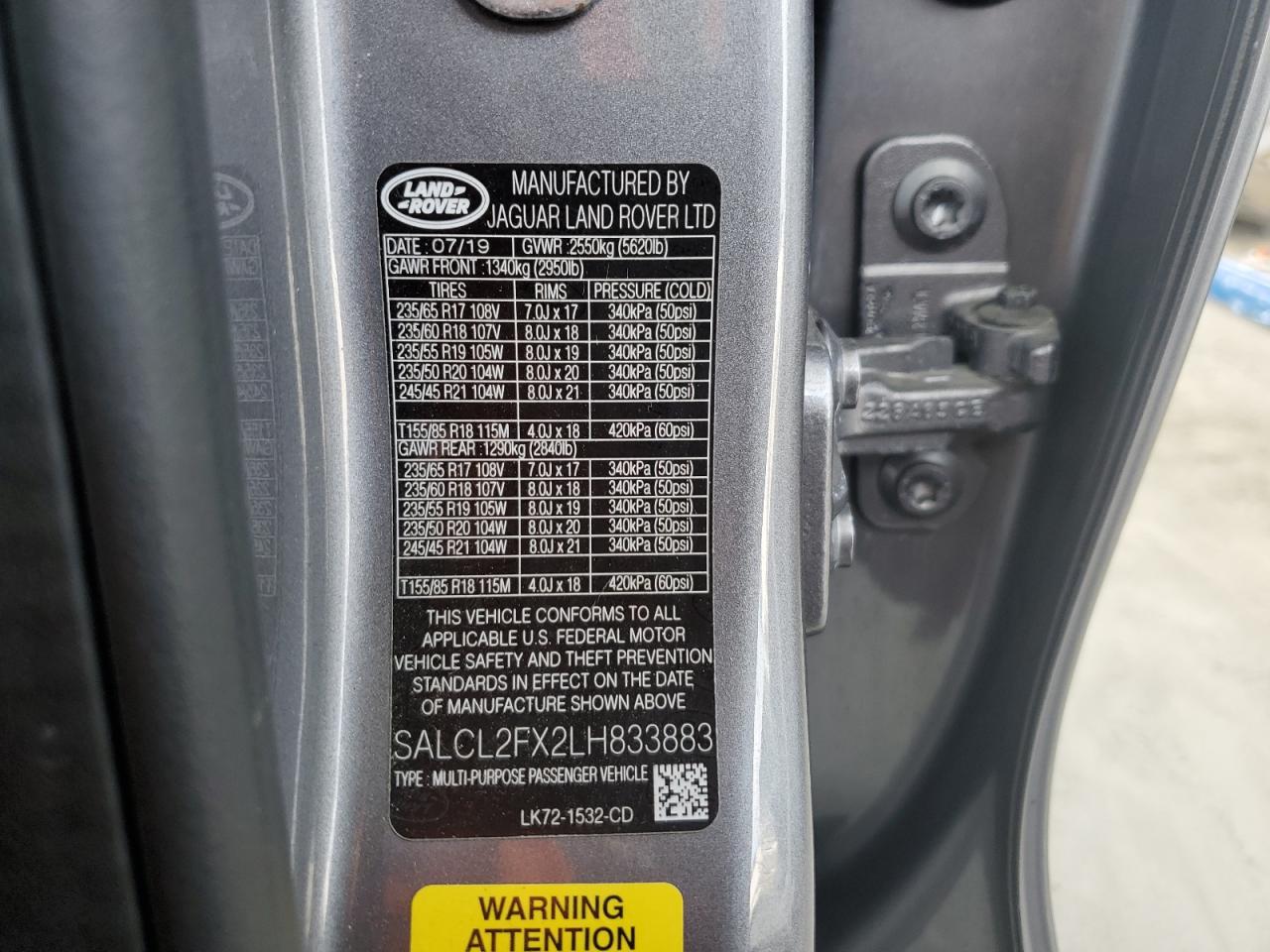 2020 Land Rover Discovery Sport Se R-Dynamic VIN: SALCL2FX2LH833883 Lot: 62260895