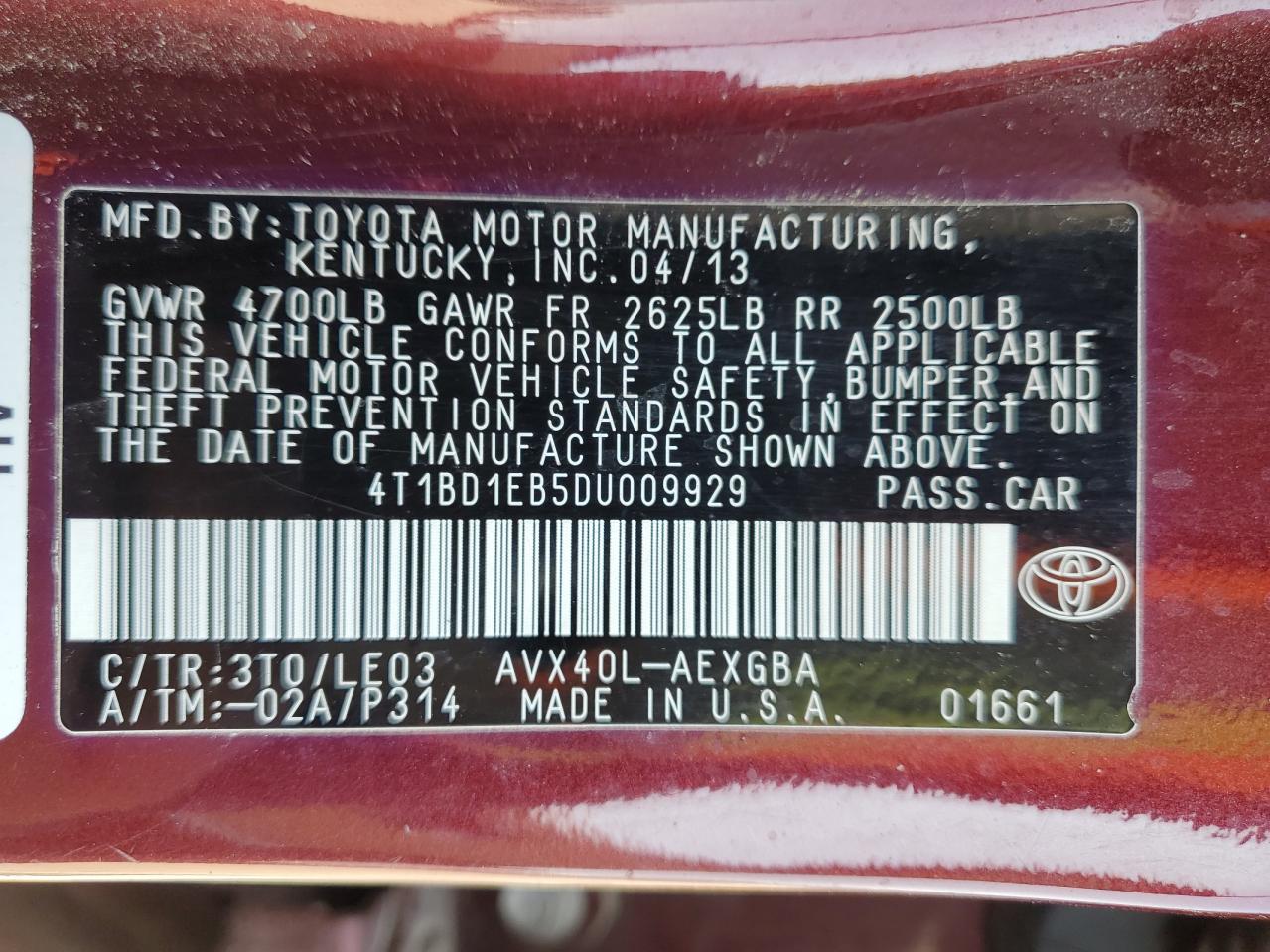2013 Toyota Avalon Hybrid VIN: 4T1BD1EB5DU009929 Lot: 62191665