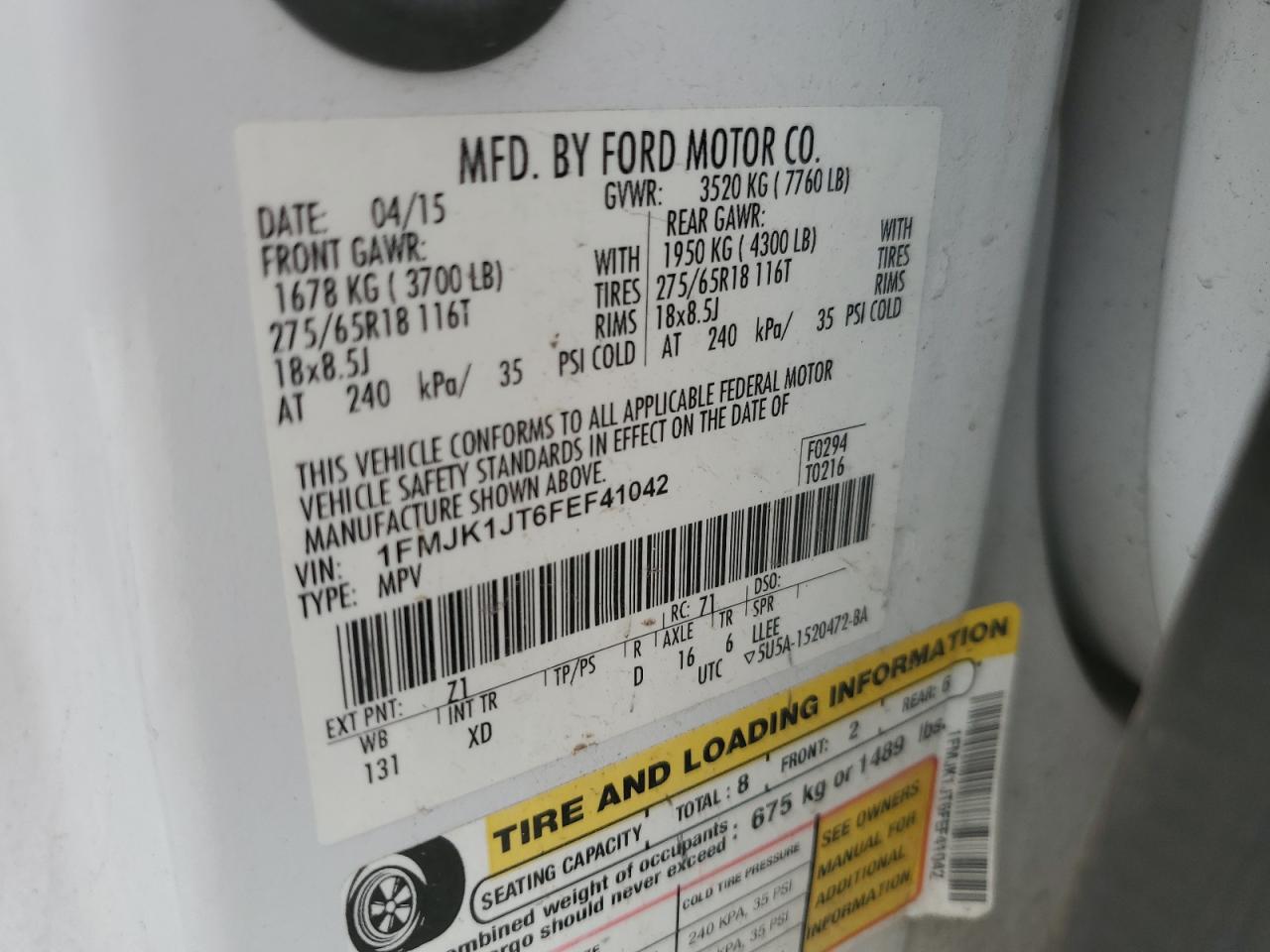 2015 Ford Expedition El Xlt VIN: 1FMJK1JT6FEF41042 Lot: 59574015