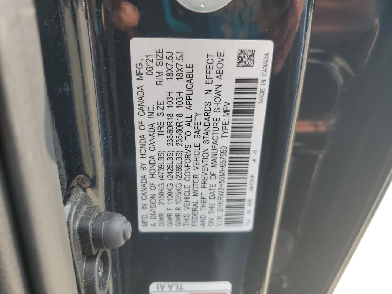 2021 Honda Cr-V Ex VIN: 2HKRW2H55MH657659 Lot: 59482545