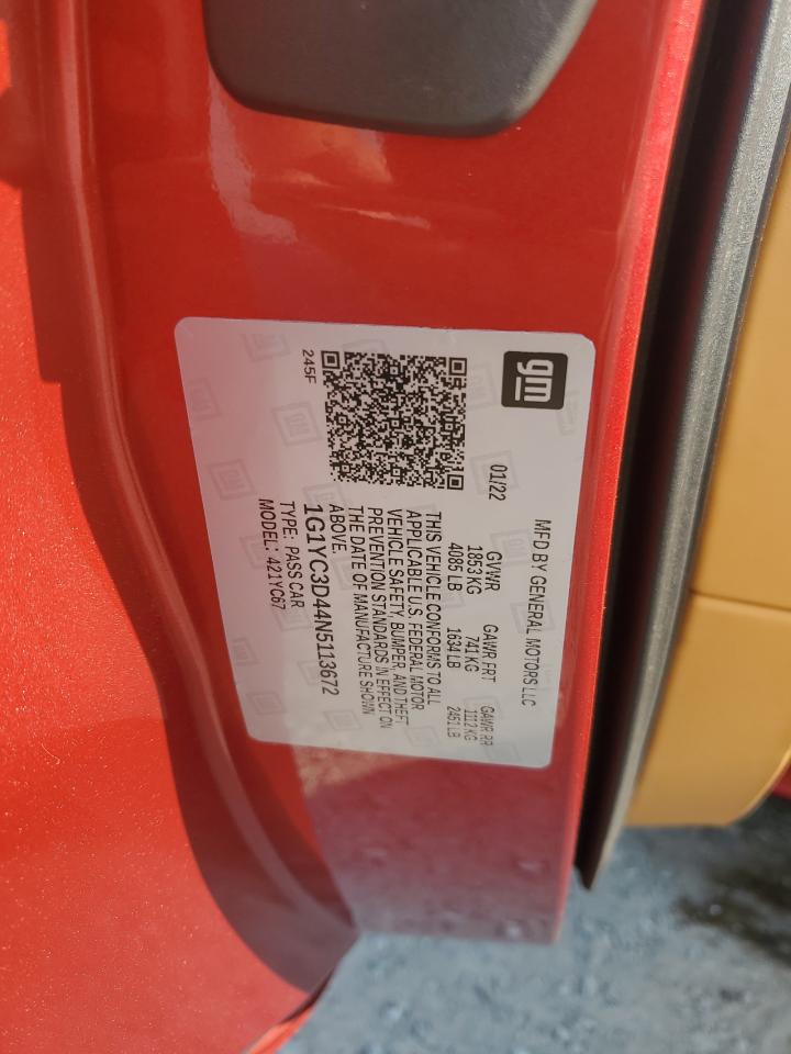 2022 Chevrolet Corvette Stingray 3Lt VIN: 1G1YC3D44N5113672 Lot: 61976465