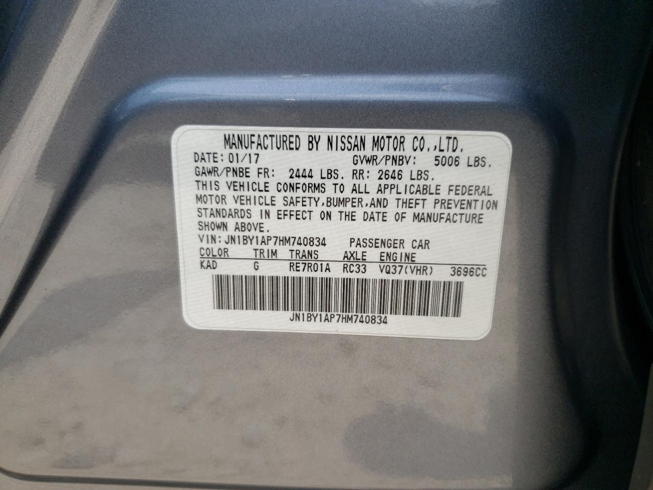 2017 Infiniti Q70 3.7 VIN: JN1BY1AP7HM740834 Lot: 62074175