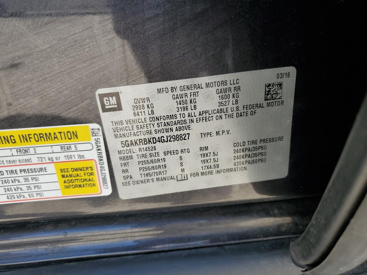 2016 Buick Enclave VIN: 5GAKRBKD4GJ298827 Lot: 63093425