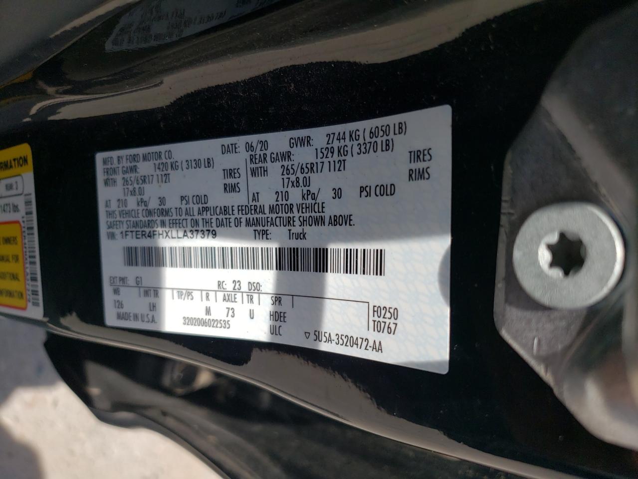 2020 Ford Ranger Xl VIN: 1FTER4FHXLLA37379 Lot: 63272295