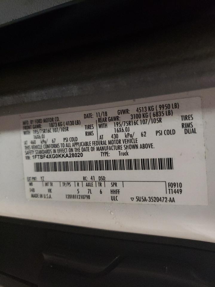 2019 Ford Transit T-350 Hd VIN: 1FTBF4XG0KKA28020 Lot: 59902225