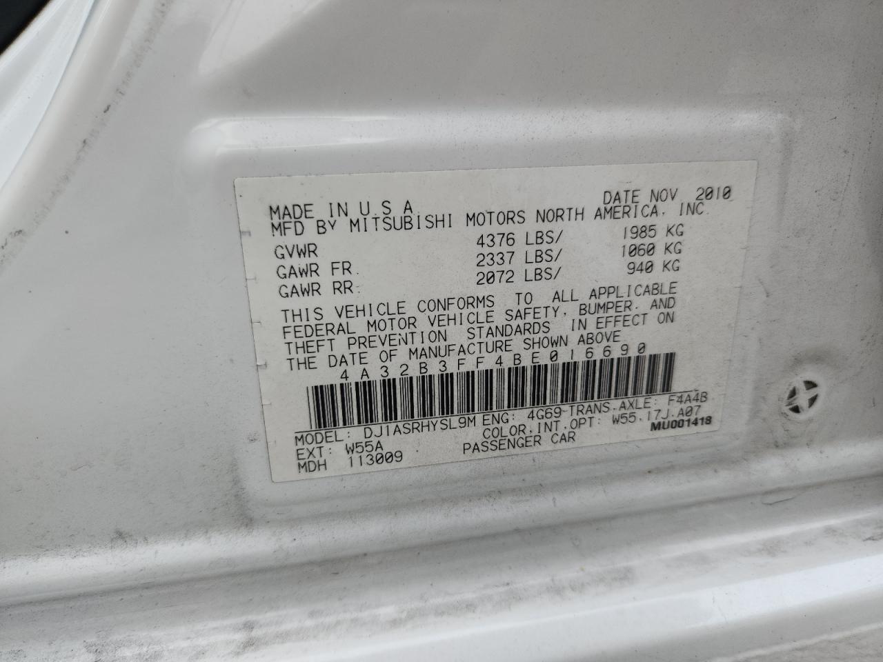 2011 Mitsubishi Galant Es VIN: 4A32B3FF4BE016690 Lot: 59188265