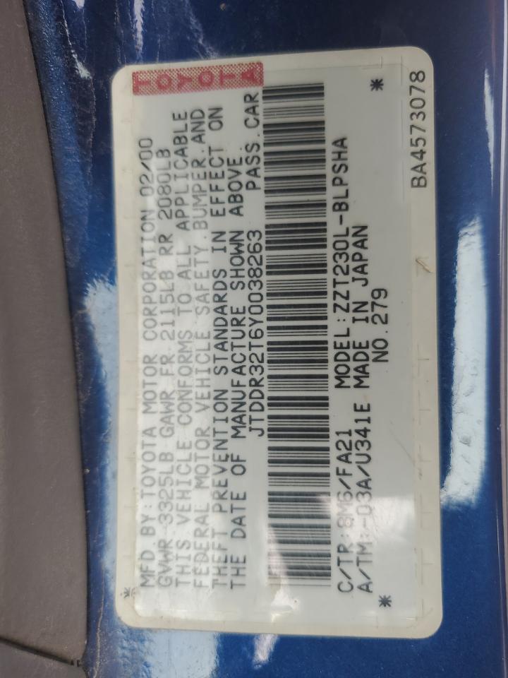 2000 Toyota Celica Gt VIN: JTDDR32T6Y0038263 Lot: 60412105