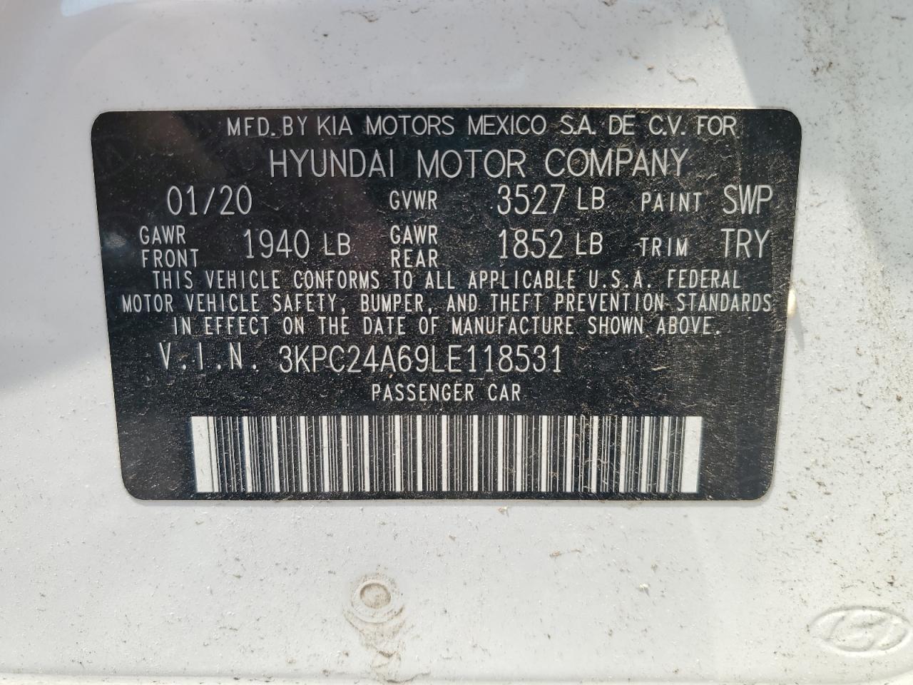 2020 Hyundai Accent Se VIN: 3KPC24A69LE118531 Lot: 59605025
