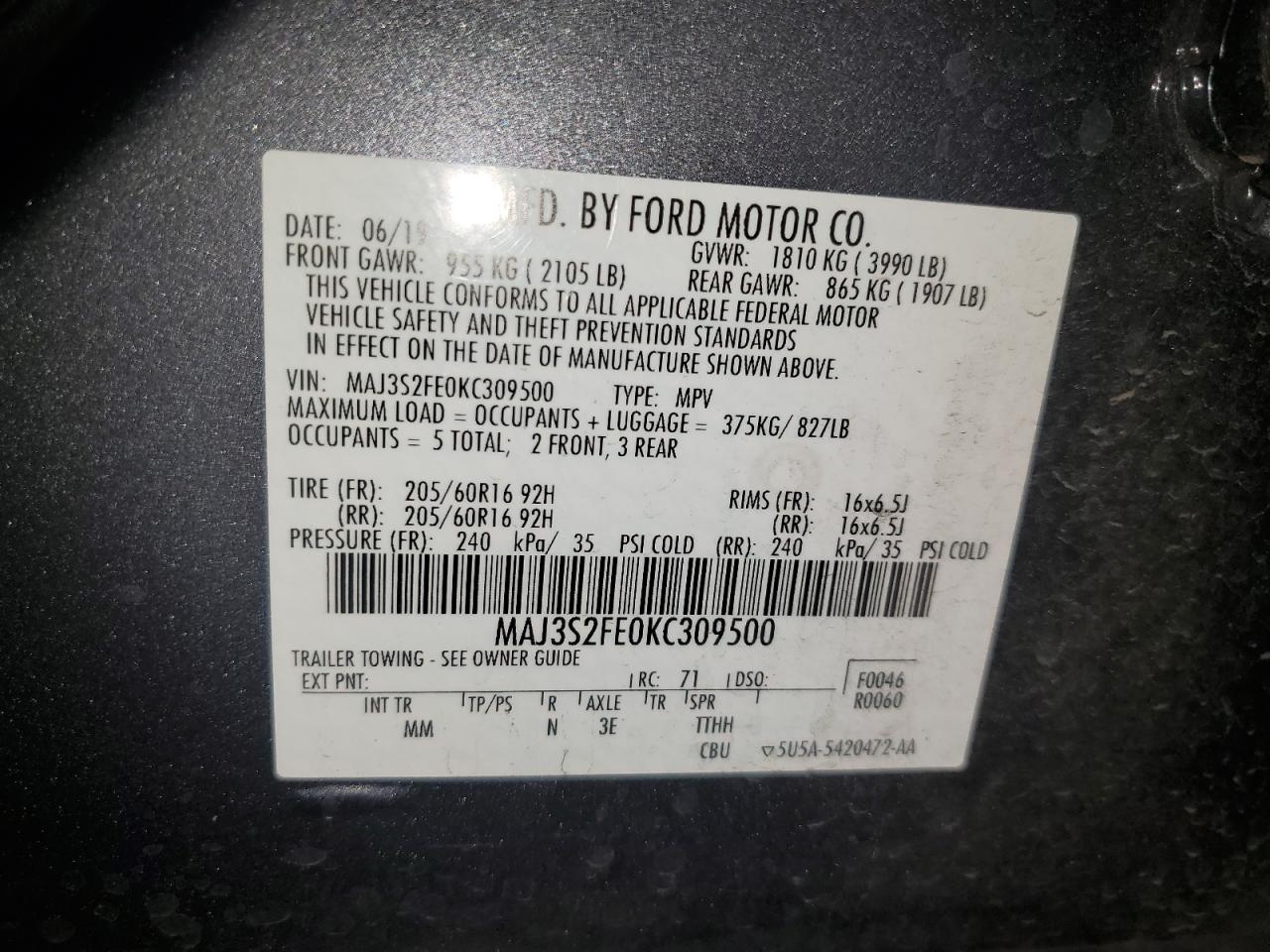 2019 Ford Ecosport S VIN: 309500 Lot: 62615985