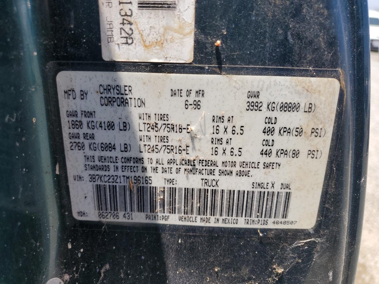 1996 Dodge Ram 2500 VIN: 3B7KC23Z1TM196165 Lot: 61874945