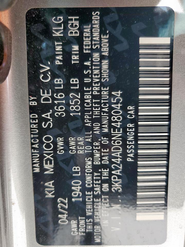 2022 Kia Rio Lx VIN: 3KPA24AD6NE480454 Lot: 61817565
