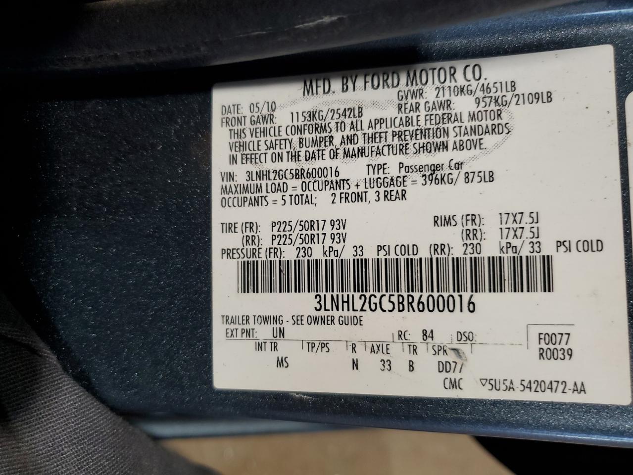 2011 Lincoln Mkz VIN: 3LNHL2GC5BR600016 Lot: 63074355