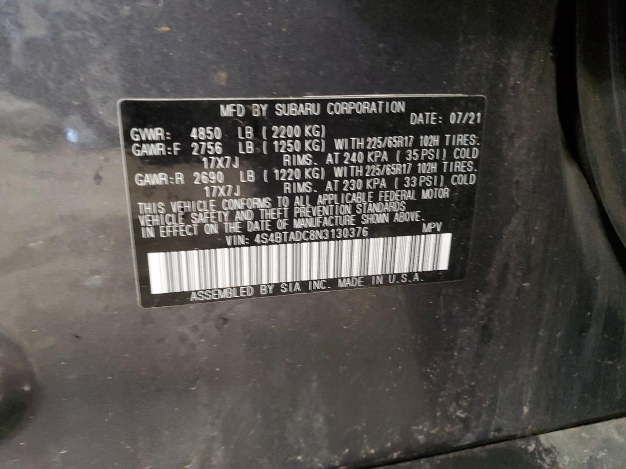 2022 Subaru Outback Premium VIN: 4S4BTADC8N3130376 Lot: 60266655