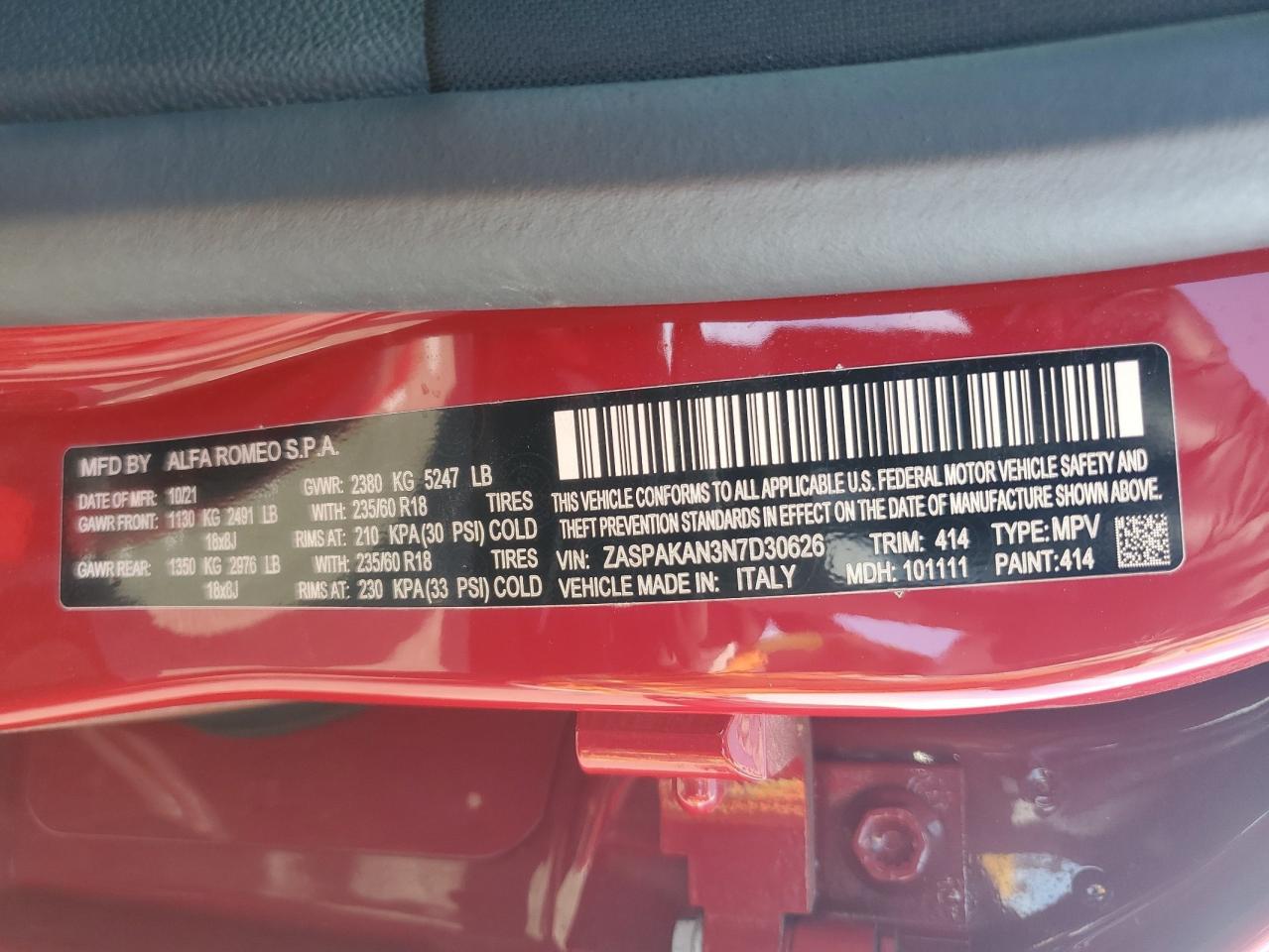 2022 Alfa Romeo Stelvio VIN: ZASPAKAN3N7D30626 Lot: 62811705