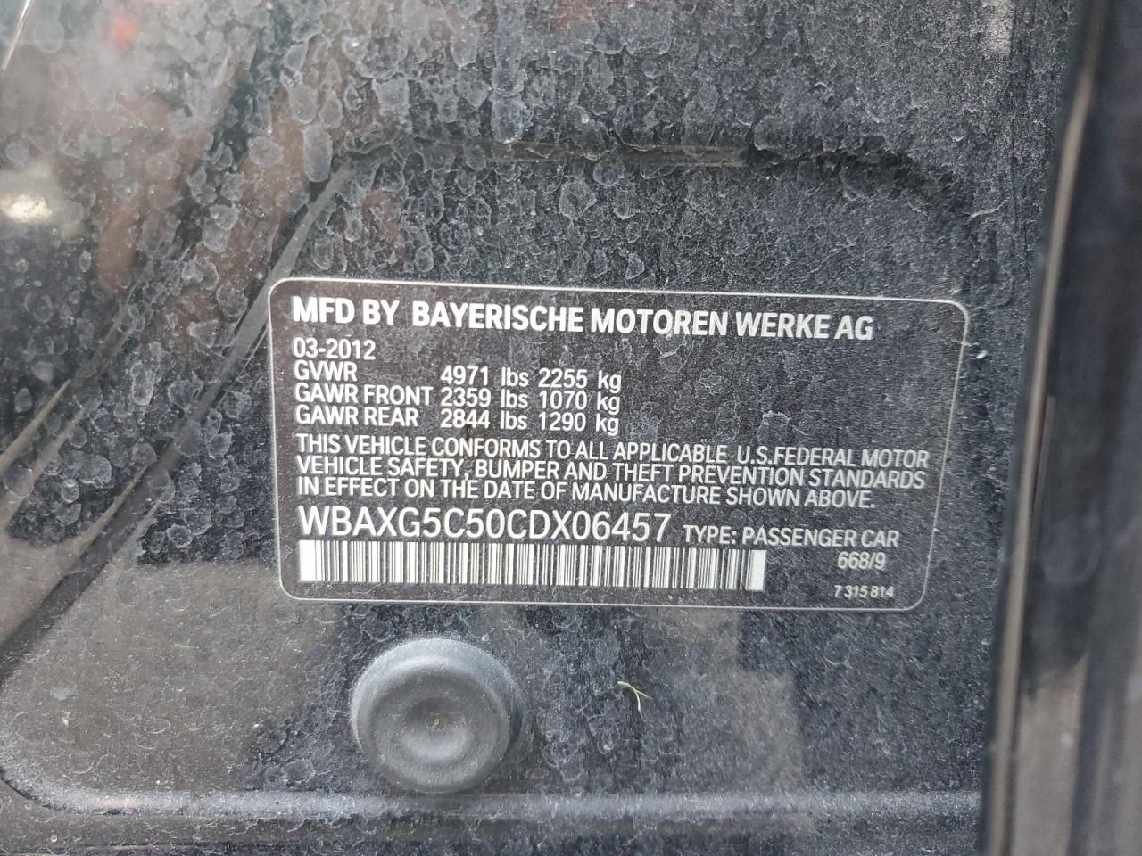 2012 BMW 528 I VIN: WBAXG5C50CDX06457 Lot: 63208155