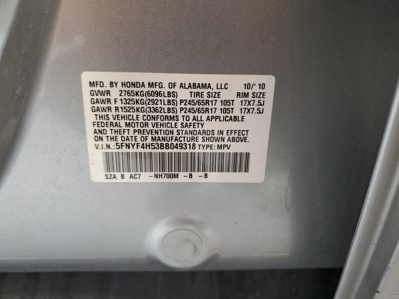 2011 Honda Pilot Exl VIN: 5FNYF4H53BB049318 Lot: 60914595