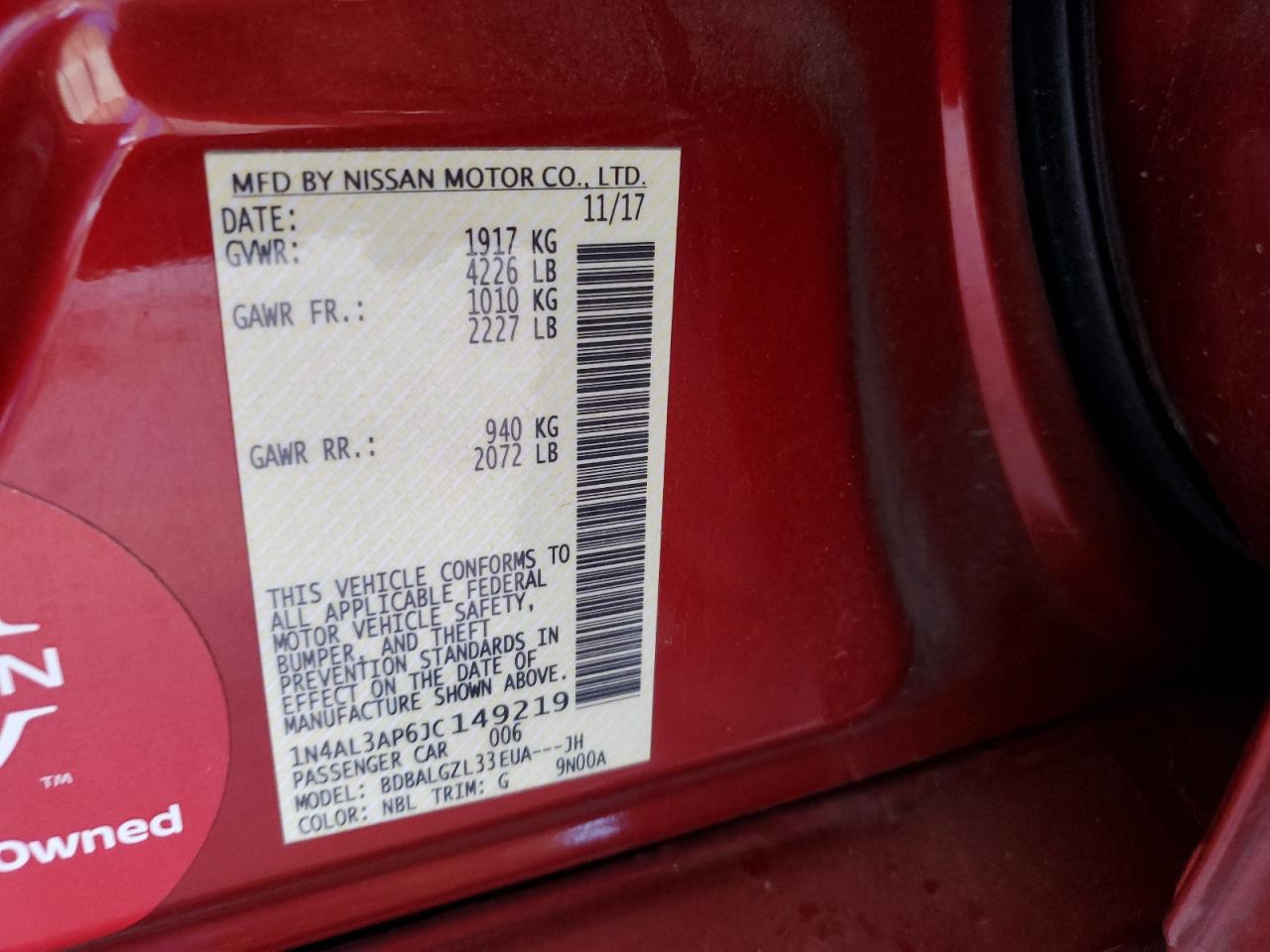 2018 Nissan Altima 2.5 VIN: 1N4AL3AP6JC149219 Lot: 61978425