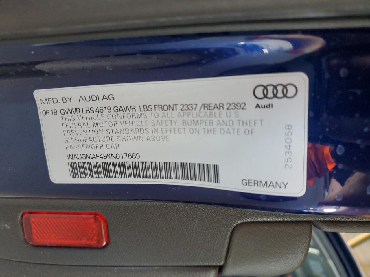 2019 Audi A4 Premium VIN: WAUGMAF49KN017689 Lot: 59878645