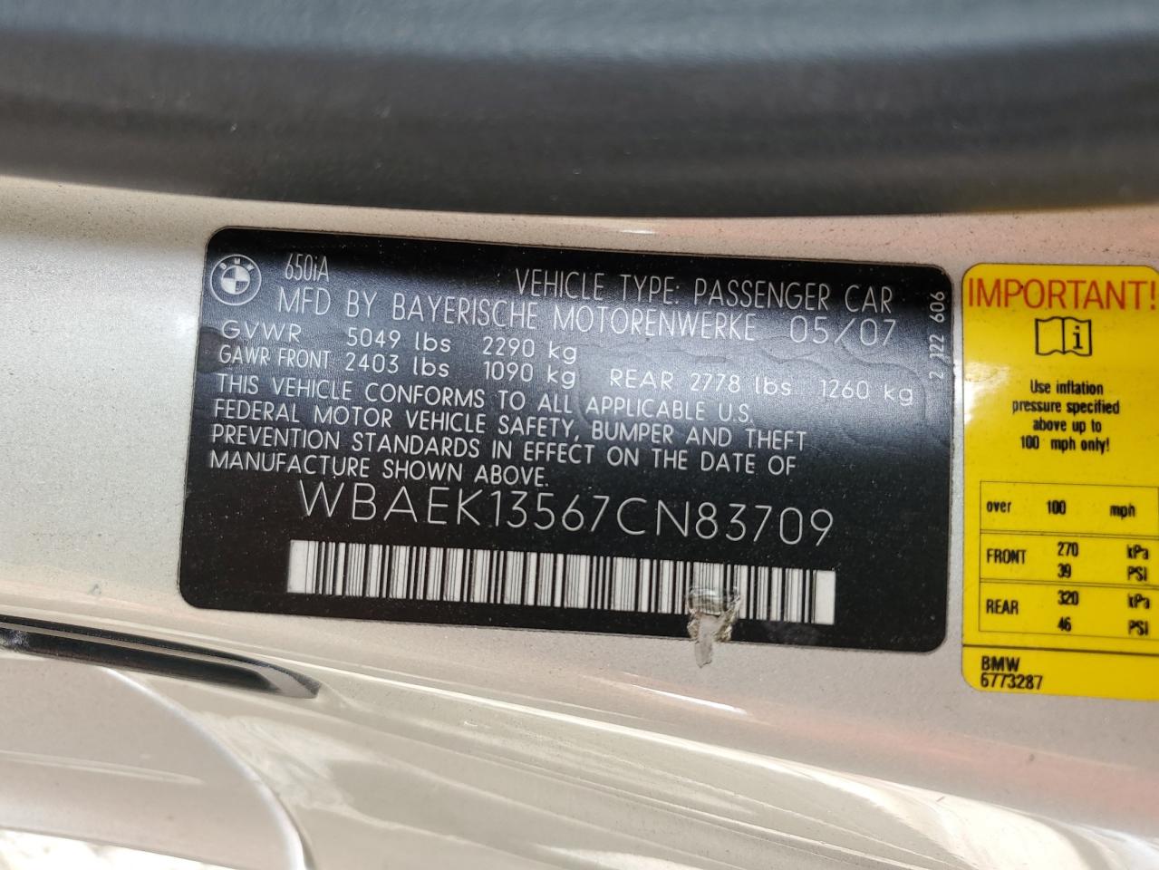 2007 BMW 650 I VIN: WBAEK13567CN83709 Lot: 60728115