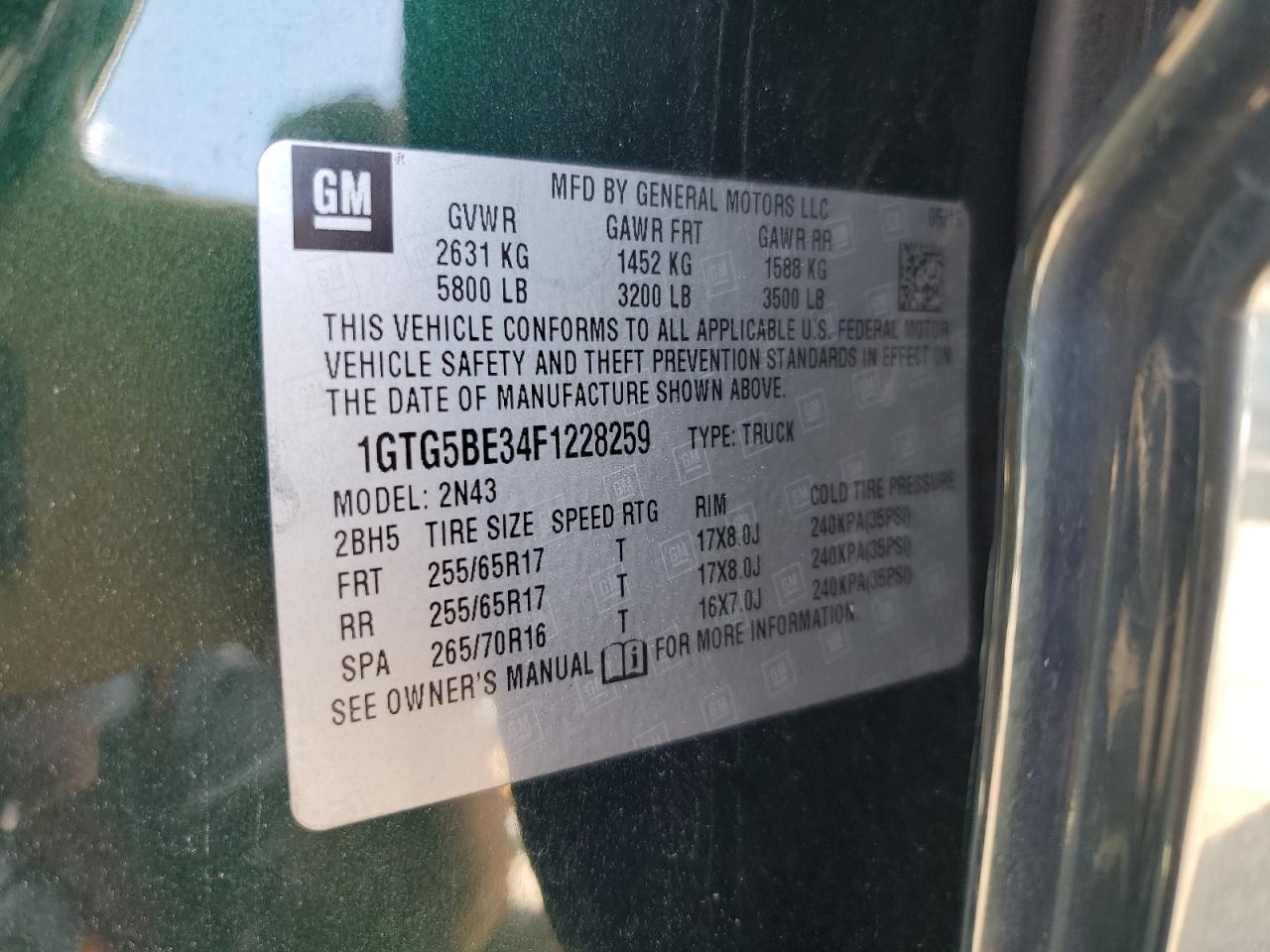 2015 GMC Canyon Sle VIN: 1GTG5BE34F1228259 Lot: 61258475
