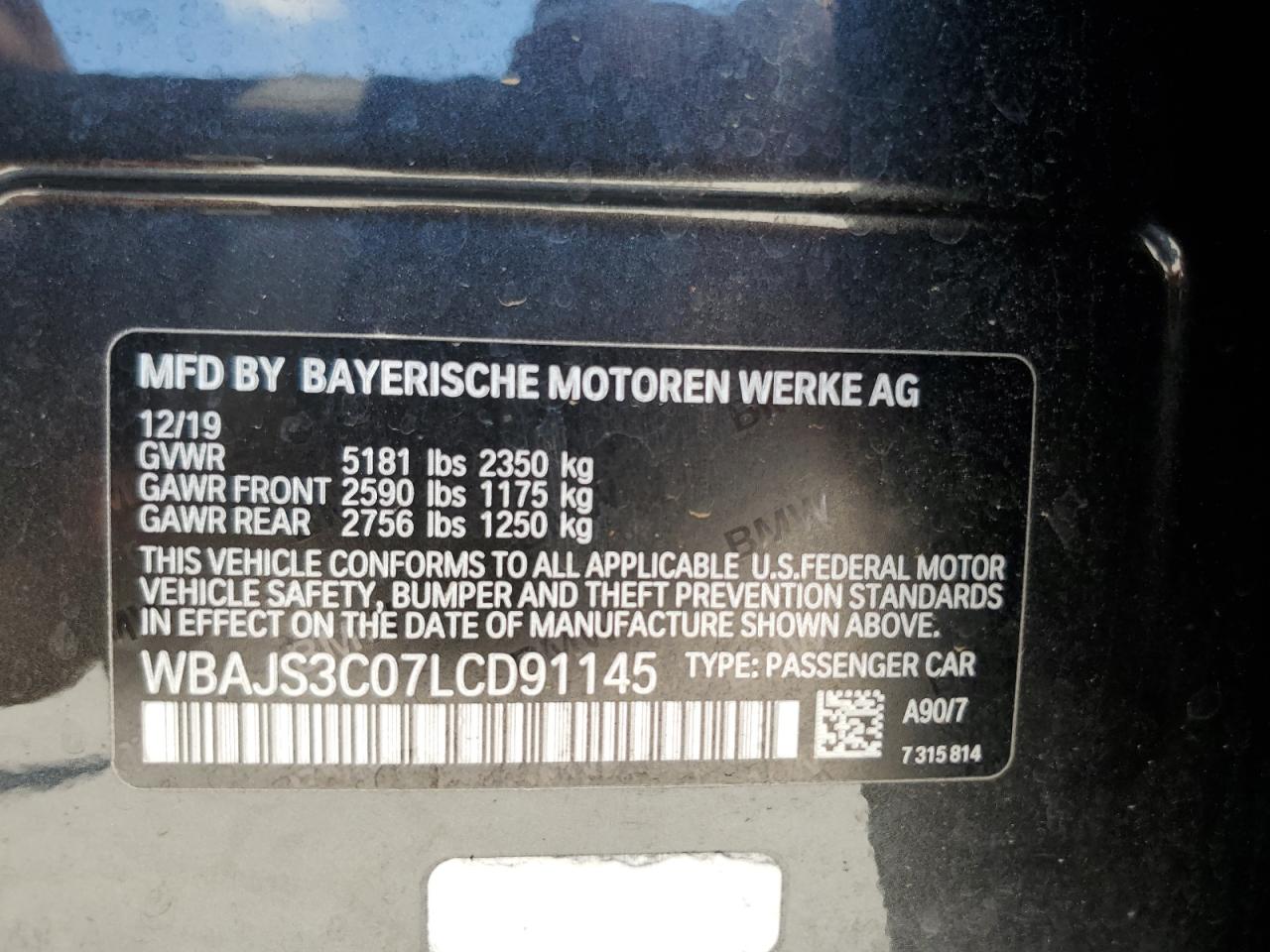 2020 BMW 540 Xi VIN: WBAJS3C07LCD91145 Lot: 62276025