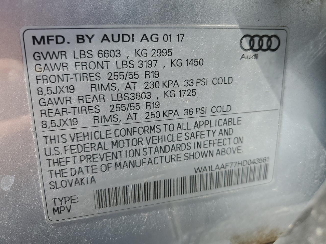 2017 Audi Q7 Premium Plus VIN: WA1LAAF77HD043561 Lot: 62388215