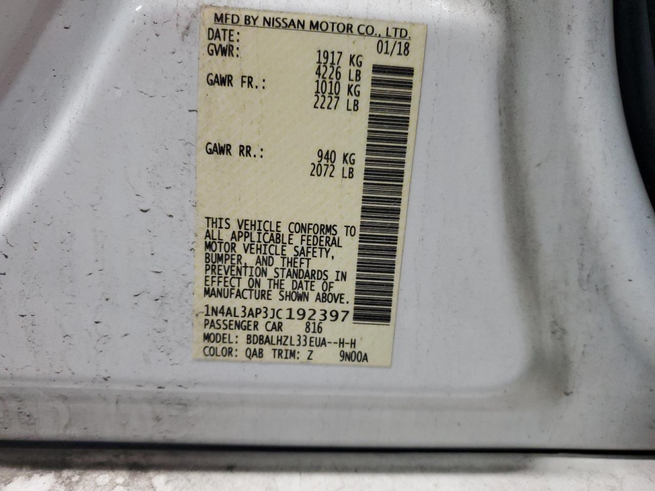 2018 Nissan Altima 2.5 VIN: 1N4AL3AP3JC192397 Lot: 60991955