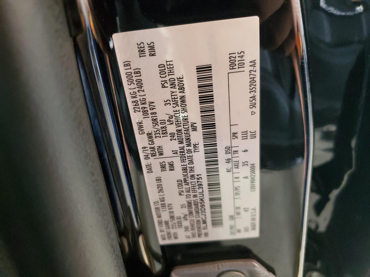2019 Lincoln Mkc Reserve VIN: 5LMCJ3D95KUL39751 Lot: 60135725
