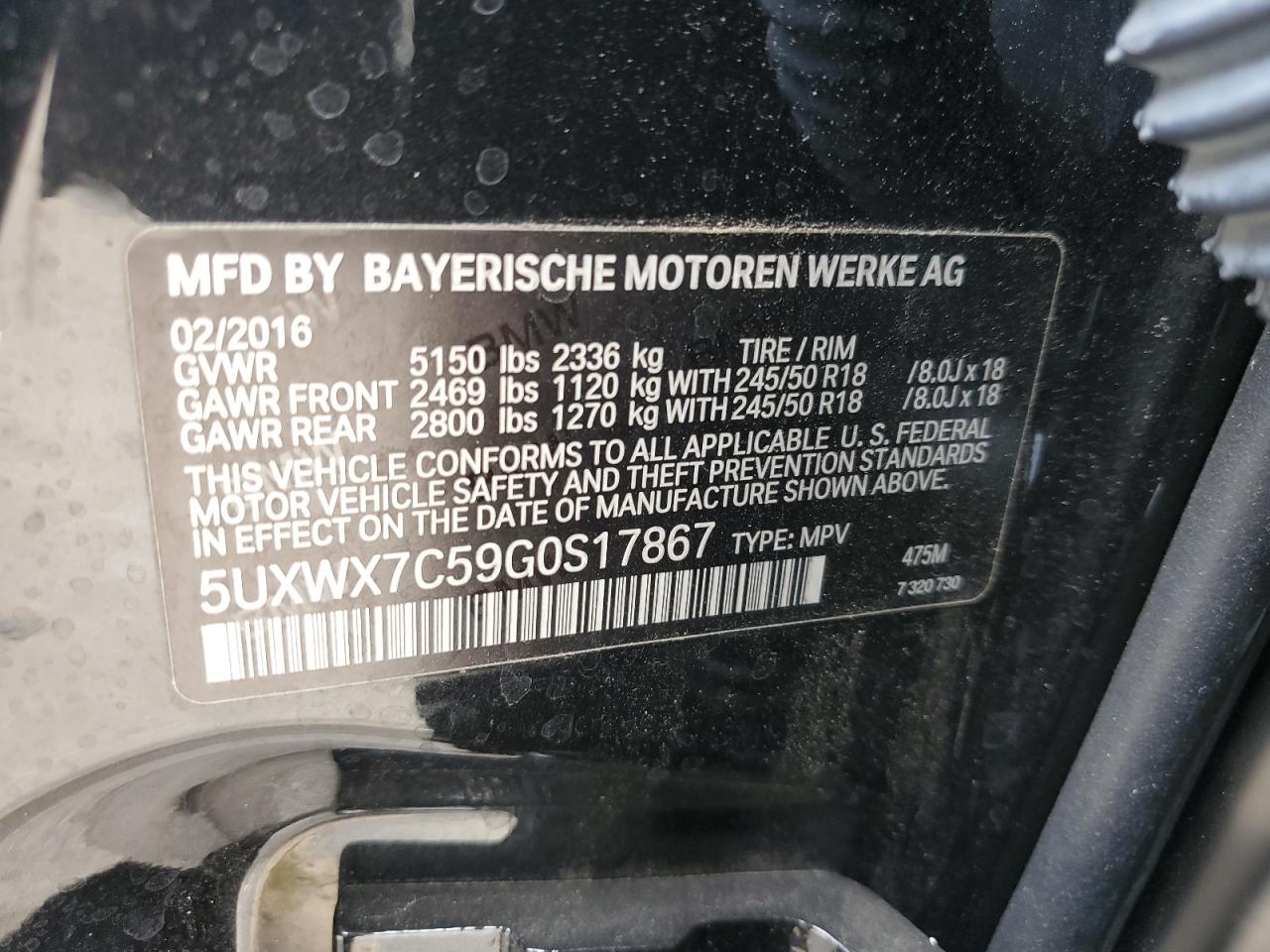 2016 BMW X3 xDrive35I VIN: 5UXWX7C59G0S17867 Lot: 62728945