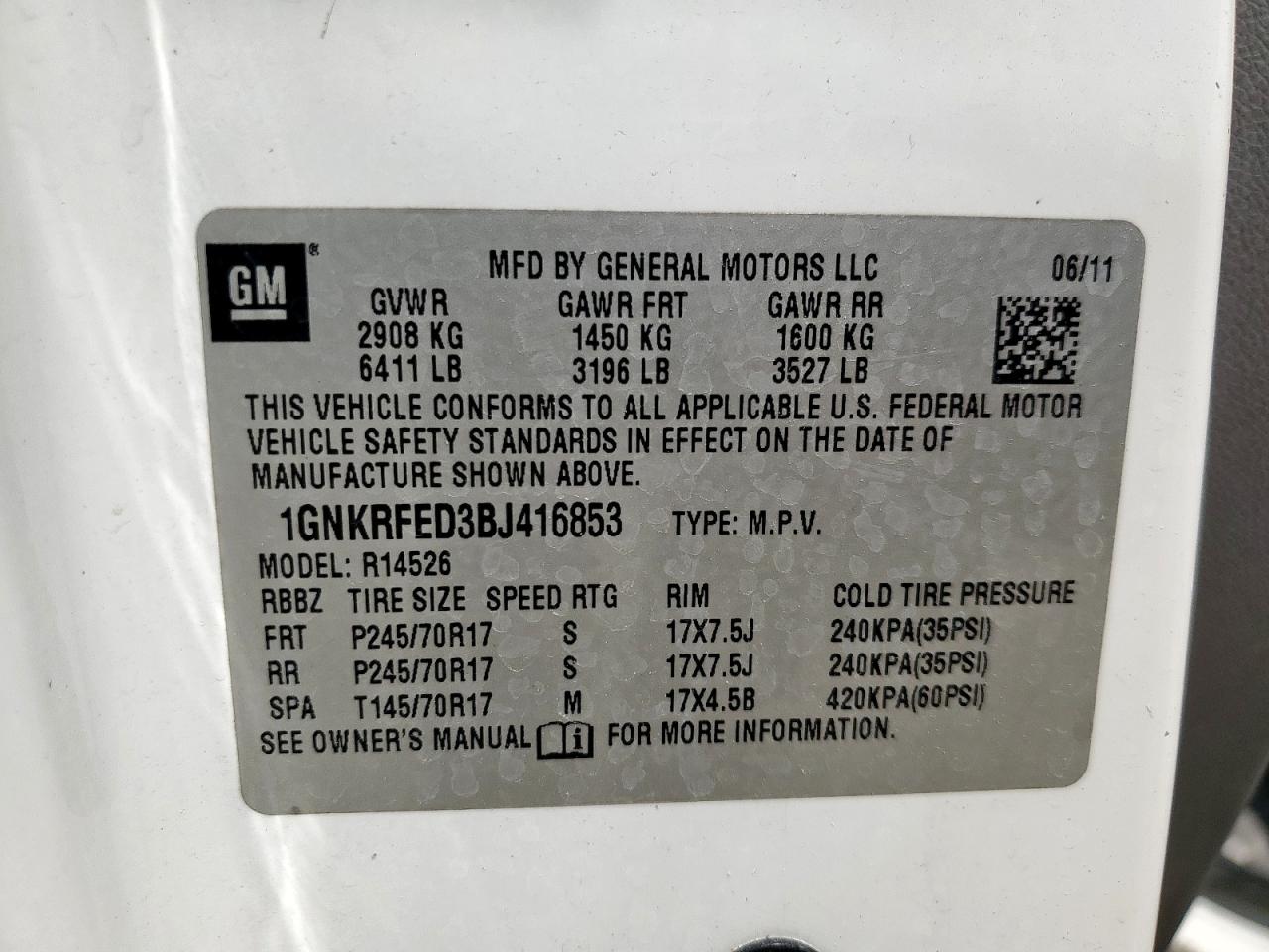 2011 Chevrolet Traverse Ls VIN: 1GNKRFED3BJ416853 Lot: 59385695