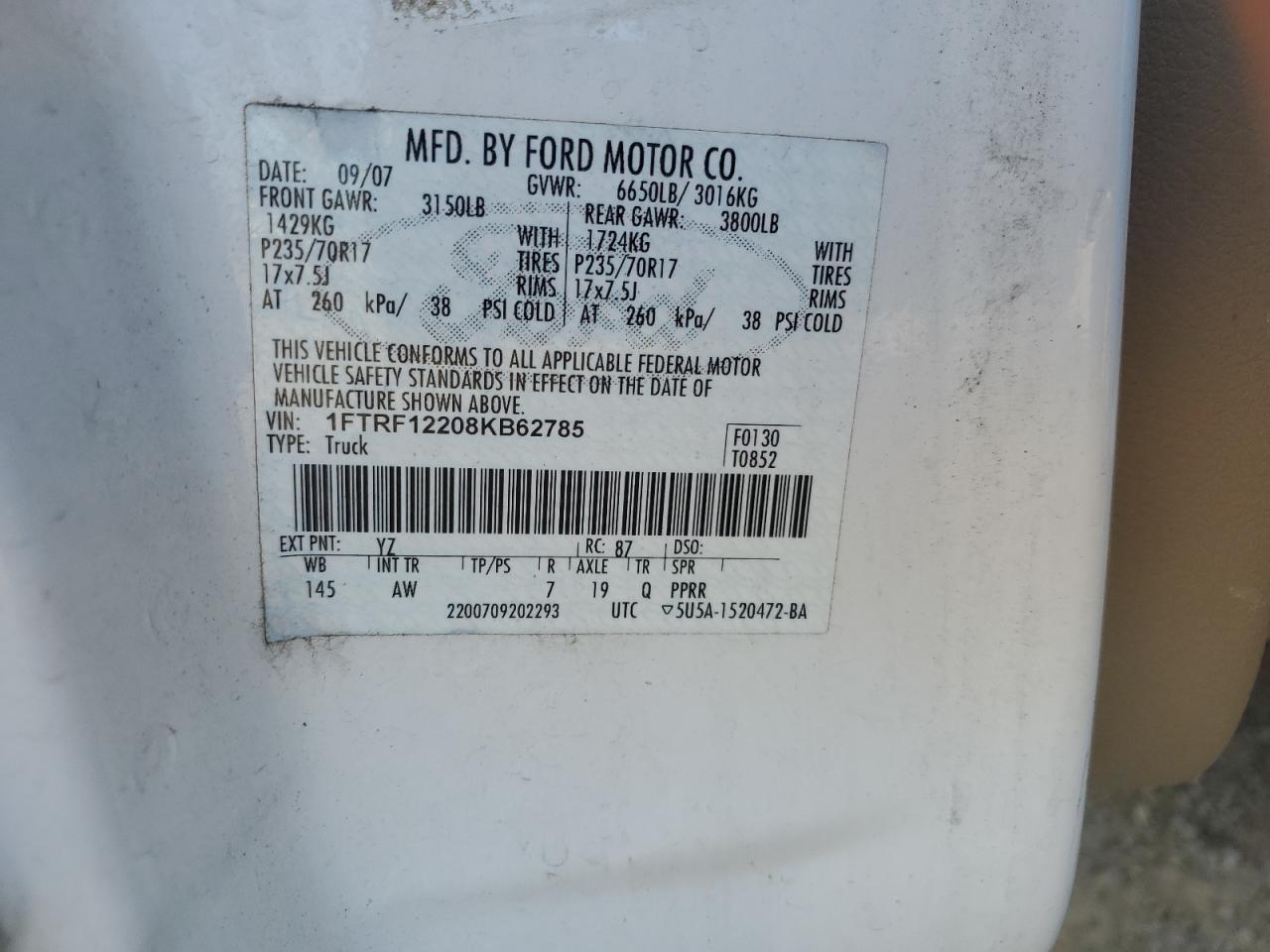 2008 Ford F150 VIN: 1FTRF12208KB62785 Lot: 62460155