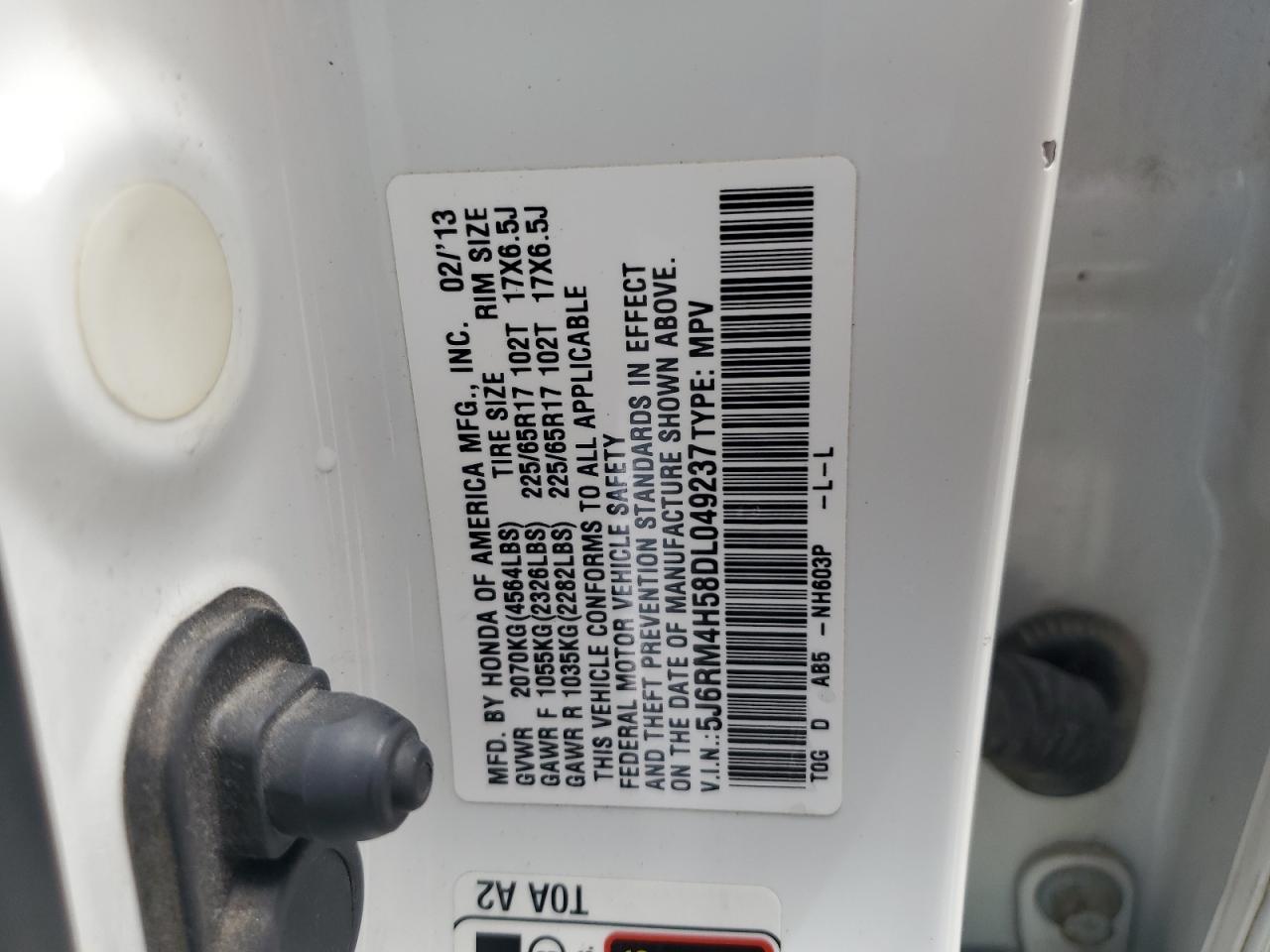 2013 Honda Cr-V Ex VIN: 5J6RM4H58DL049237 Lot: 59915665