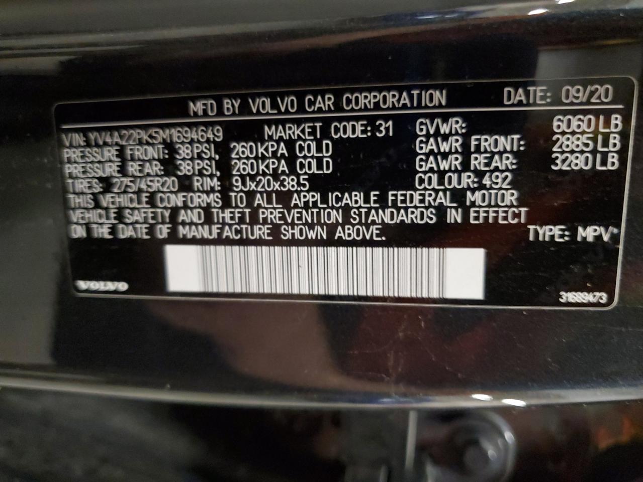 2021 Volvo Xc90 T6 Momentum VIN: YV4A22PK5M1694649 Lot: 62132545