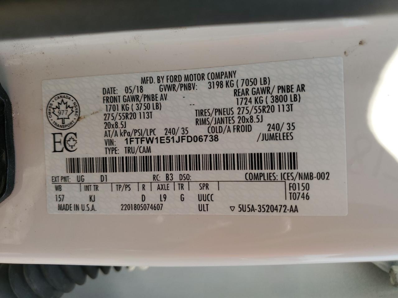 2018 Ford F150 Supercrew VIN: 1FTFW1E51JFD06738 Lot: 93421045