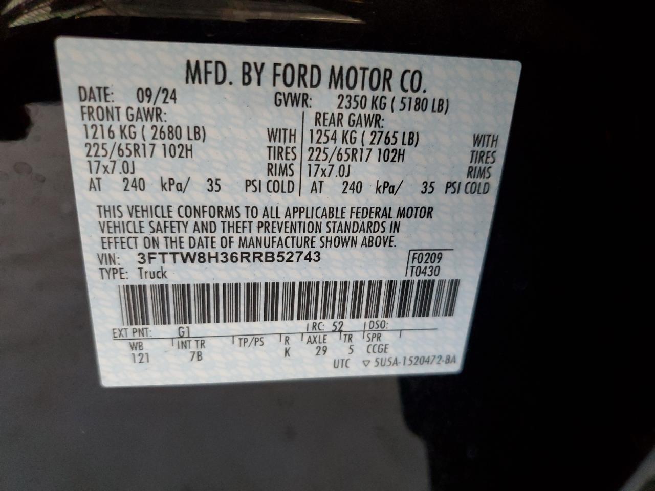 2024 Ford Maverick Xlt VIN: 3FTTW8H36RRB52743 Lot: 61441145