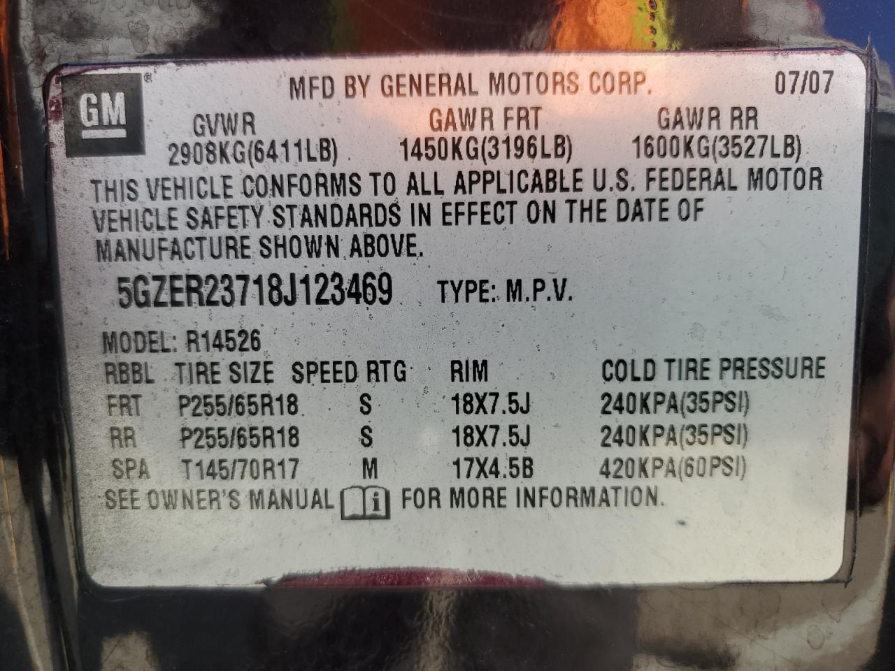 2008 Saturn Outlook Xr VIN: 5GZER23718J123469 Lot: 61942585