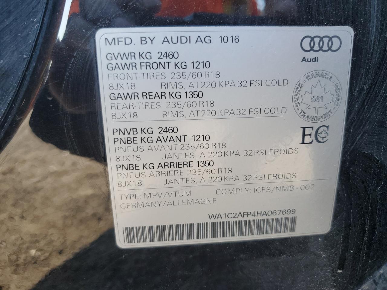 2017 Audi Q5 Premium VIN: WA1C2AFP4HA067699 Lot: 61230925