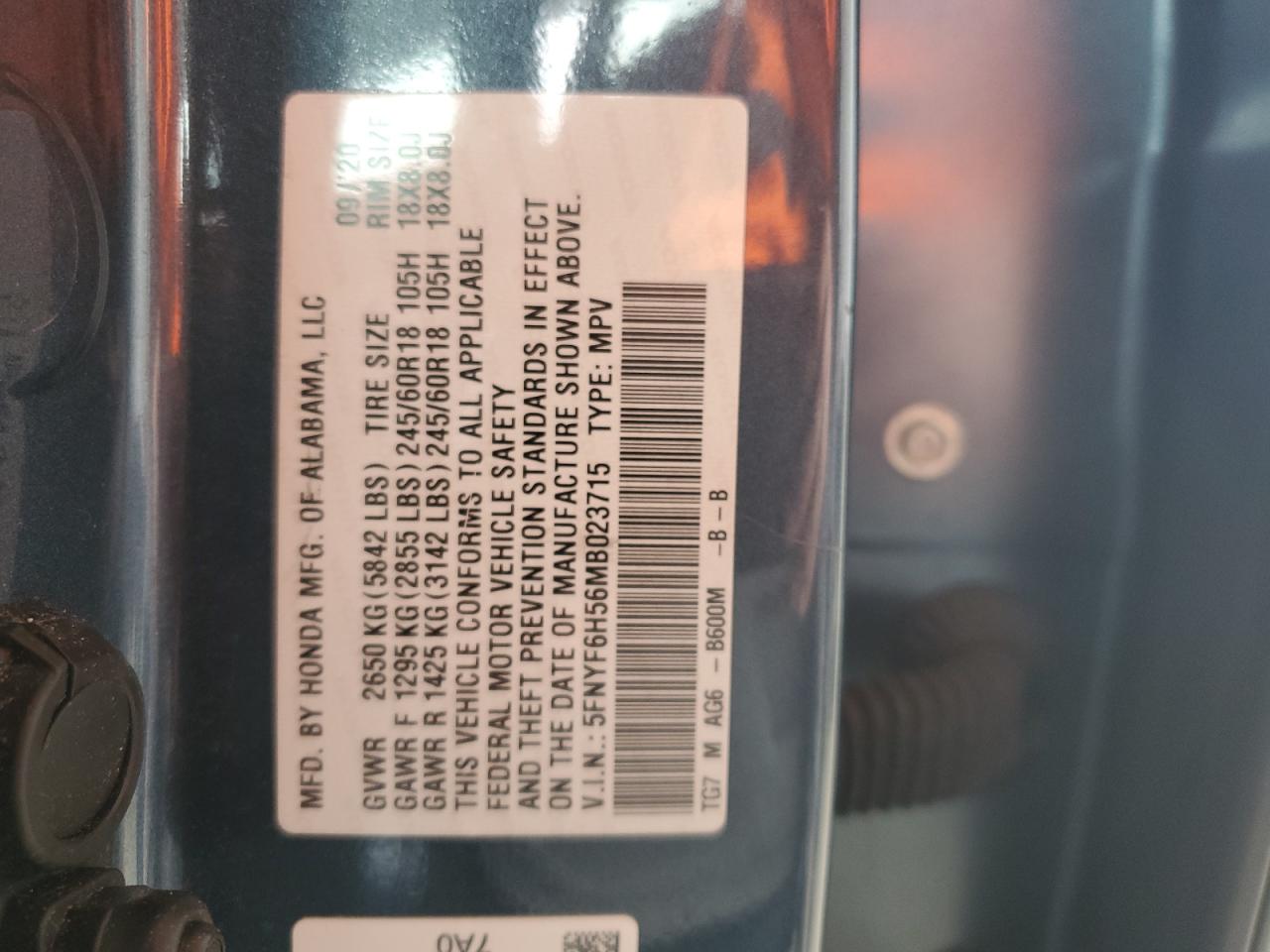 2021 Honda Pilot Exl VIN: 5FNYF6H56MB023715 Lot: 61016455