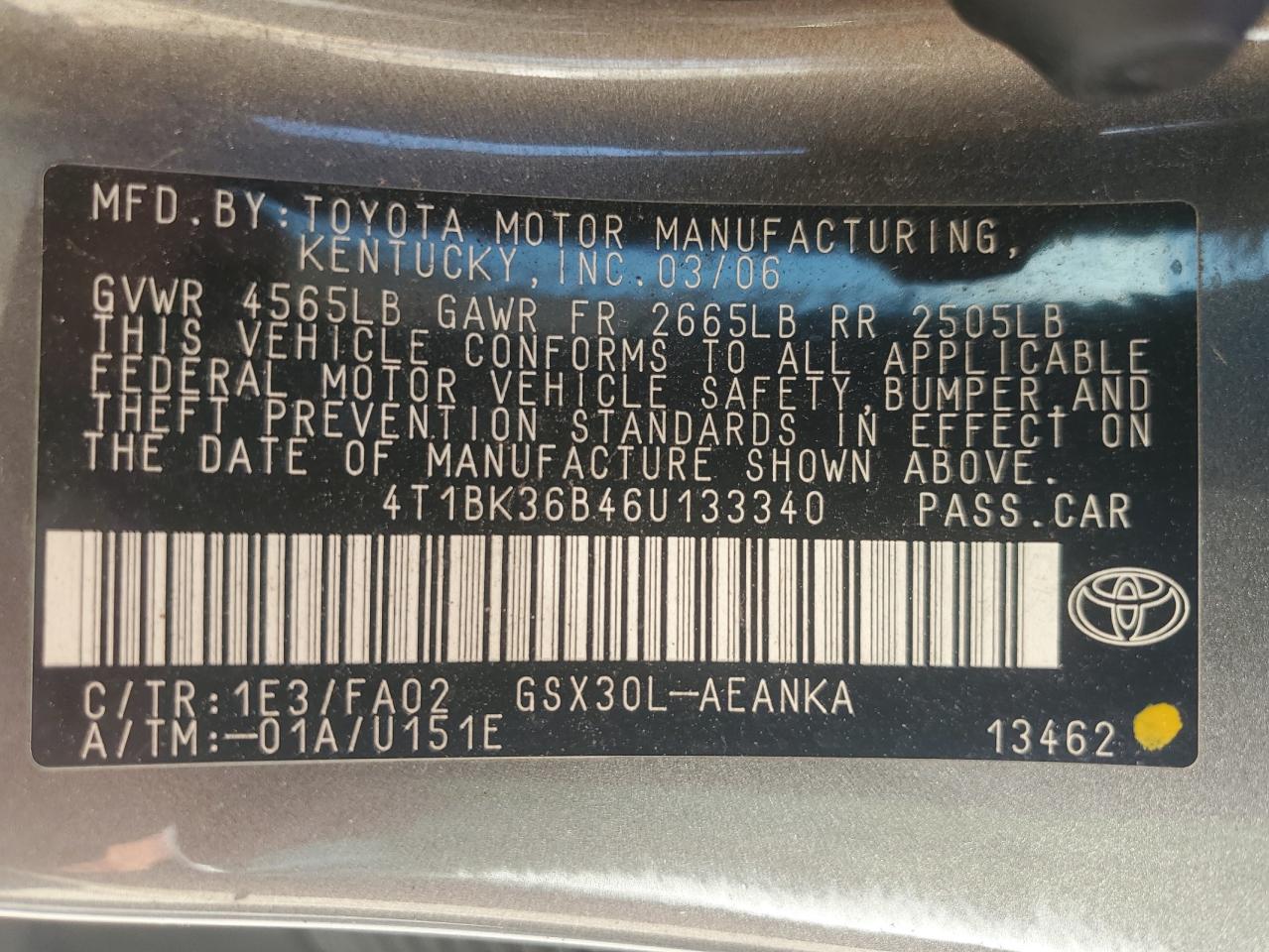 2006 Toyota Avalon Xl VIN: 4T1BK36B46U133340 Lot: 63023985