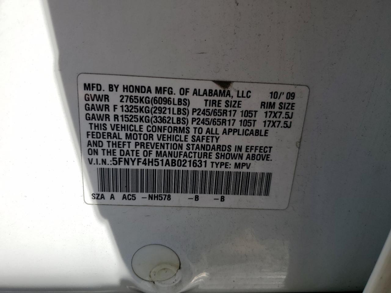 2010 Honda Pilot Exl VIN: 5FNYF4H51AB021631 Lot: 61948965