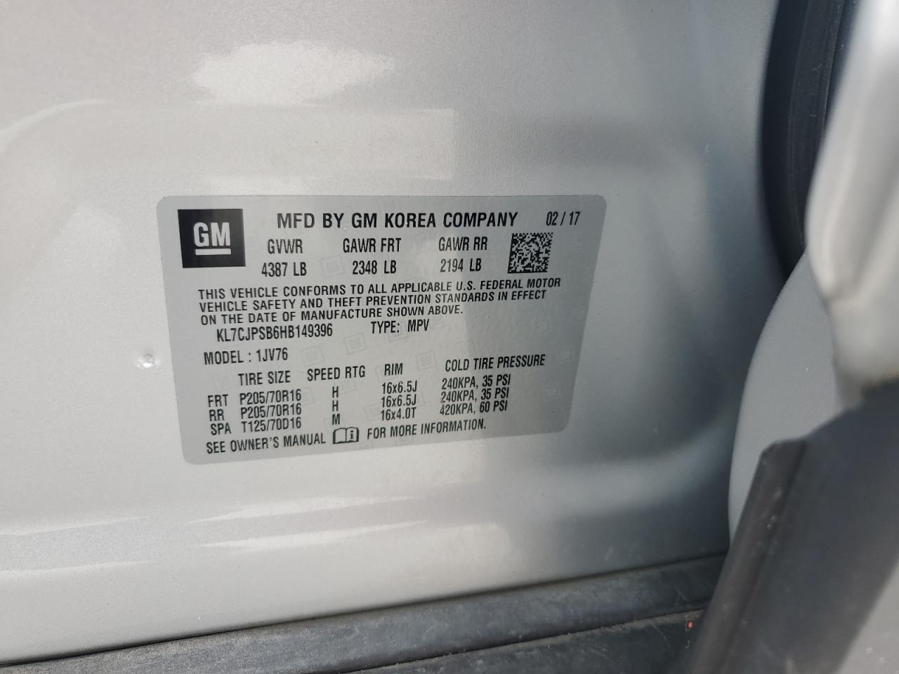 2017 Chevrolet Trax 1Lt VIN: KL7CJPSB6HB149396 Lot: 59286215