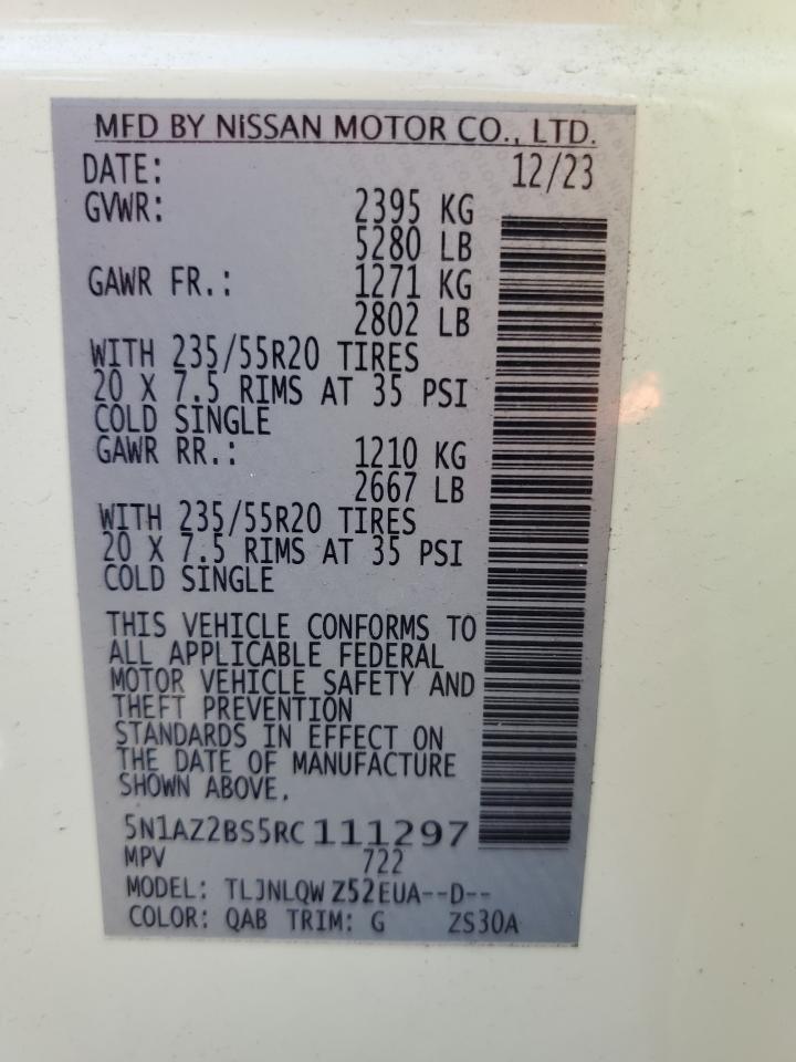 2024 Nissan Murano Sv VIN: 5N1AZ2BS5RC111297 Lot: 60994305