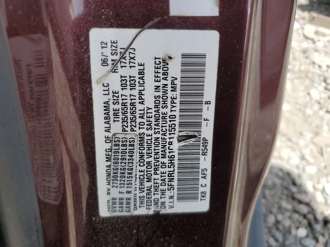 HONDA All Models 2012 VIN 5FNRL5H61CB115510 photo 13