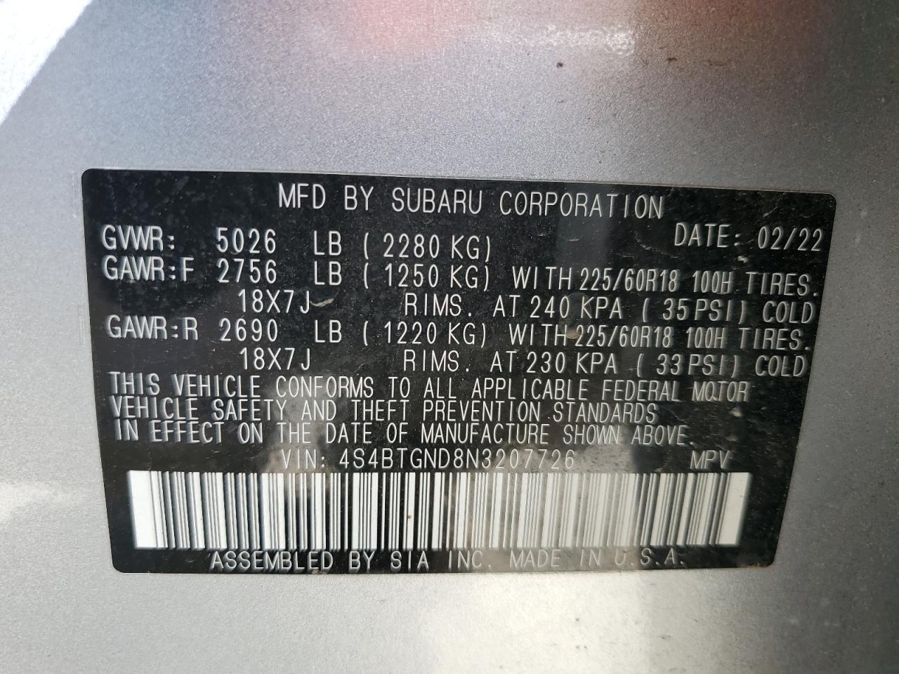 2022 Subaru Outback Limited Xt VIN: 4S4BTGND8N3207726 Lot: 60570375
