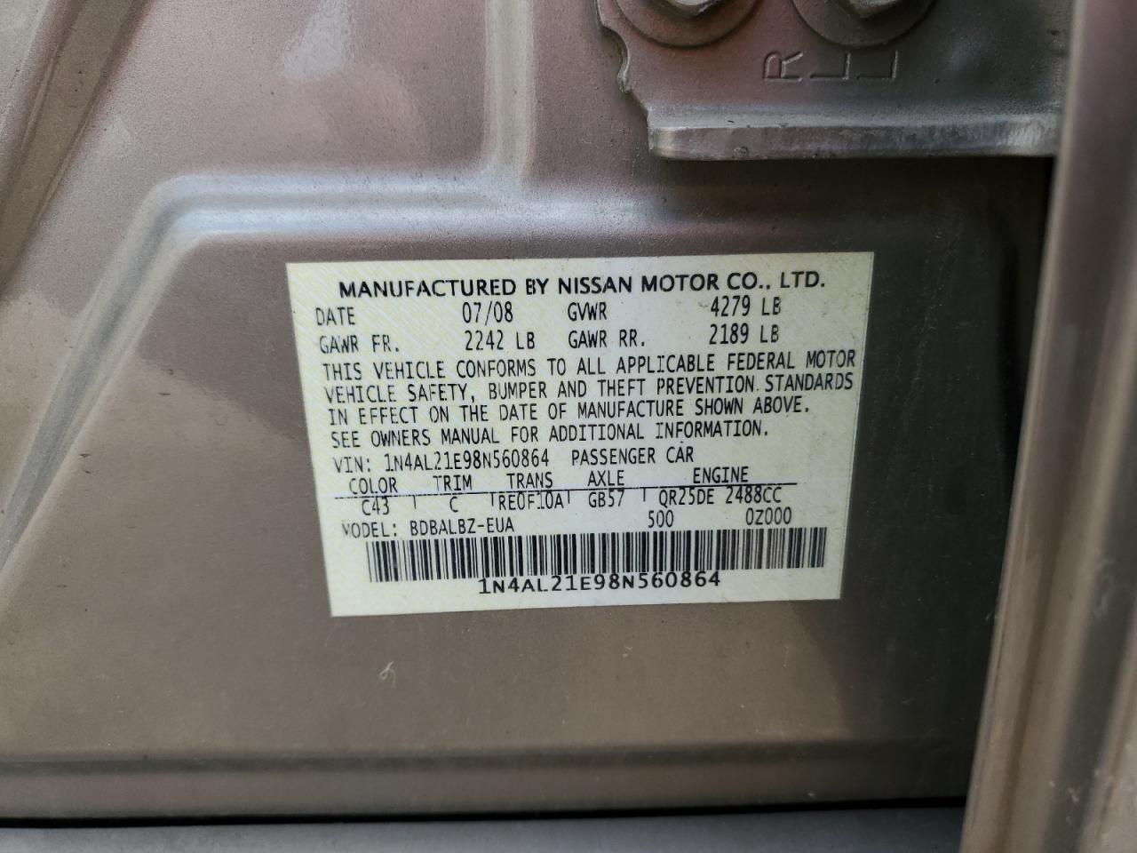 2008 Nissan Altima 2.5 VIN: 1N4AL21E98N560864 Lot: 62697705